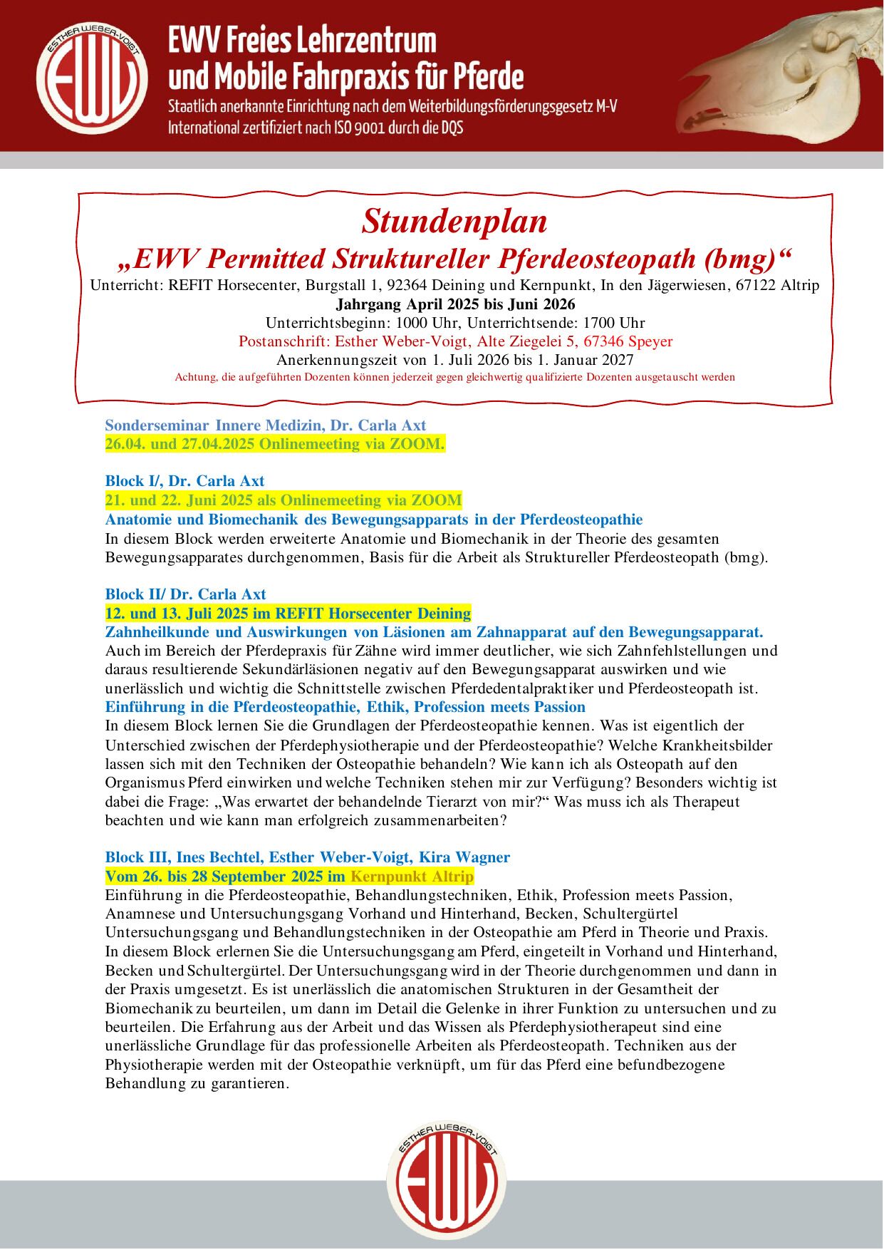 Das ist der Stundenplan f&uuml;r den strukturellen Pferdeosteopathen Start April 2025 in Altrip und Deining